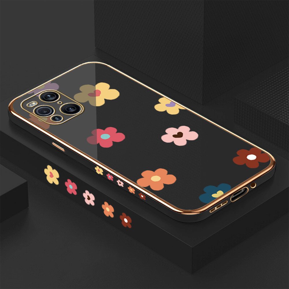 Luxury 6D Plating Case for OPPO Find X3 Pro Color Cartoon Flowers Side Pattern Back Cover Soft Silicone Square Frame Shiny Bling Phone Cases + Free Lanyard