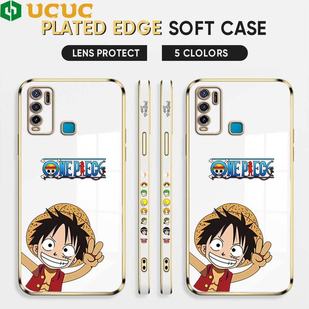 UCUC for Vivo Y50 Y30 Y30I 1938 Back Cover + Free Lanyard Wave Luffy Luxury 6D Plating Case Side Pattern Soft Silicone Square Phone Cases