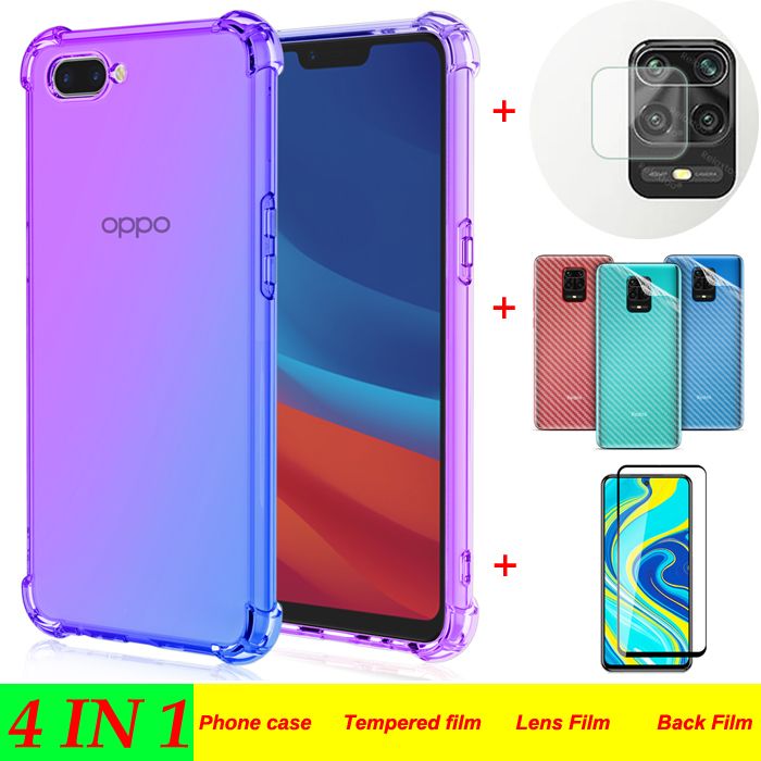 (4 in 1) Suitable for OPPO A3S (A5) four-corner drop-proof color phone case + HD full screen tempered glass film + carbon fiber back film + camera film lens film, tempered film, glass film