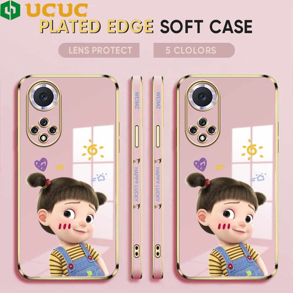 UCUC for Huawei Nova 9 Back Cover + Free Lanyard Lovely Girl Luxury 6D Plating Case Side Pattern Soft Silicone Square Phone Cases