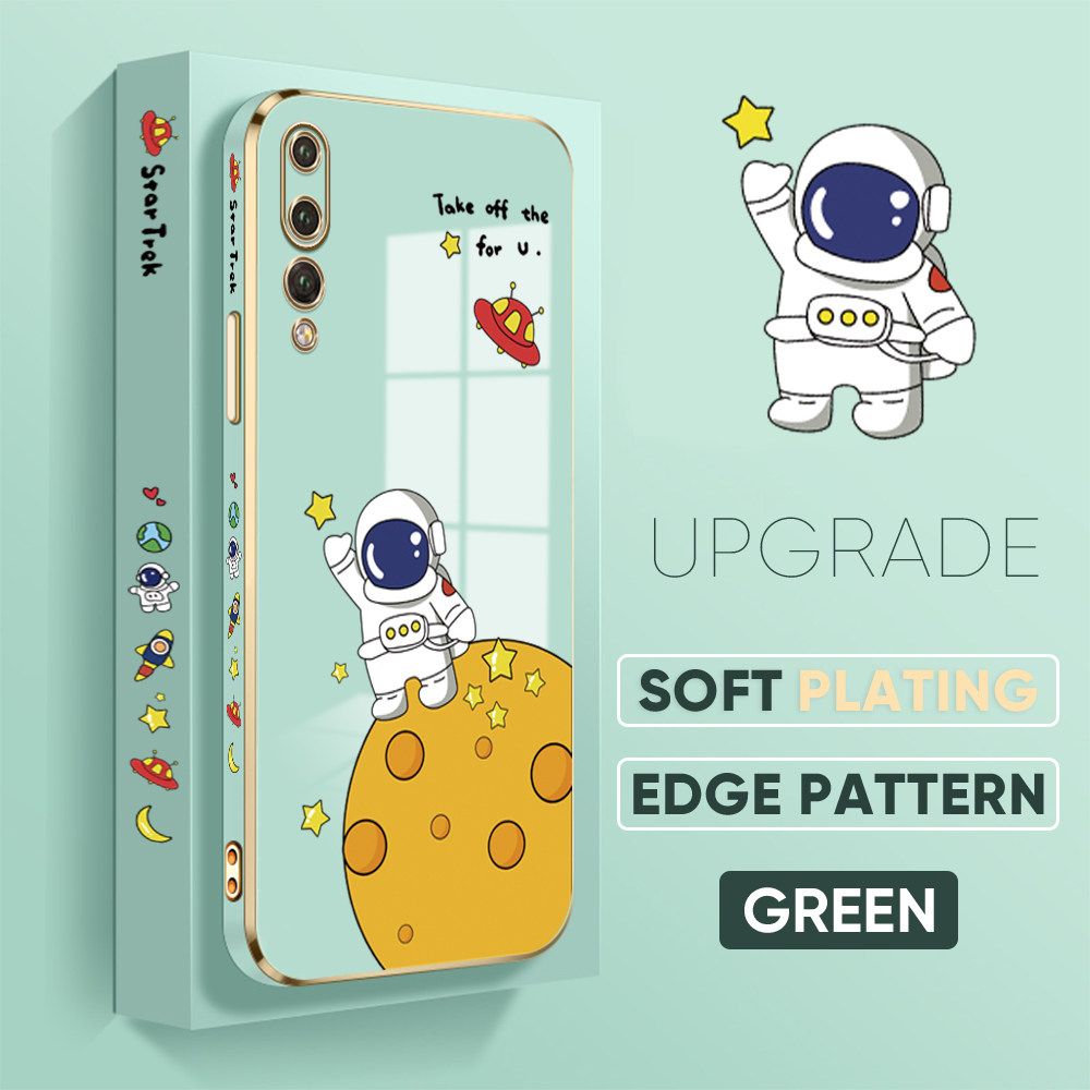 TA for Huawei P20 Pro Back Cover + Free Lanyard Planet Astronaut Luxury 6D Plating Case Side Pattern Soft Silicone Square Phone Cases
