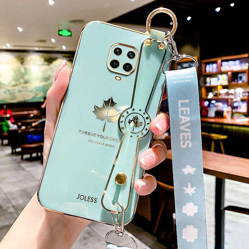 For Xiaomi Redmi Note 9S Back Cover with Lanyard + Wristband Fashion Shiny Maple Leaf Plating Bumper Stand Holder Case Camera Protection Soft Silicone Mobile Phone Cases
