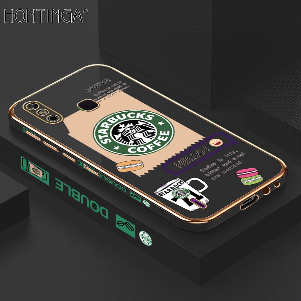 Hontinga for Infinix Smart 4 Back Cover + Free Lanyard Luxury 6D Plating Fashion Coffee Side Pattern Case Soft Silicone Square Phone Cases