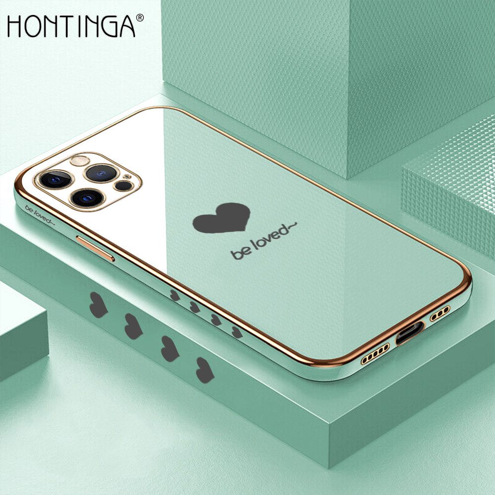 Hontinga for iPhone 12 Pro Back Cover + Free Lanyard Luxury 6D Plating Lover Heart Side Pattern Case Soft Silicone Square Mobile Cover