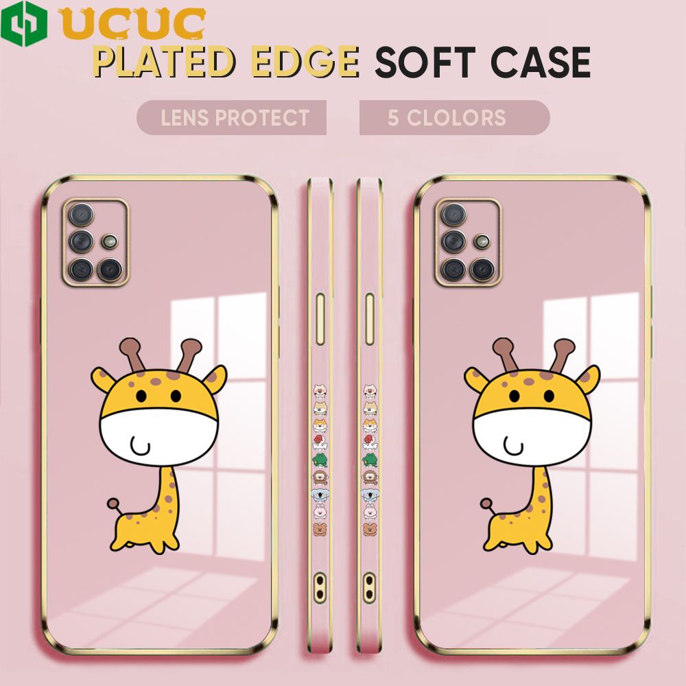 UCUC for Samsung Galaxy A71 Back Cover + Free Lanyard Big Head Giraffe Luxury 6D Plating Case Side Pattern Soft Silicone Square Phone Cases