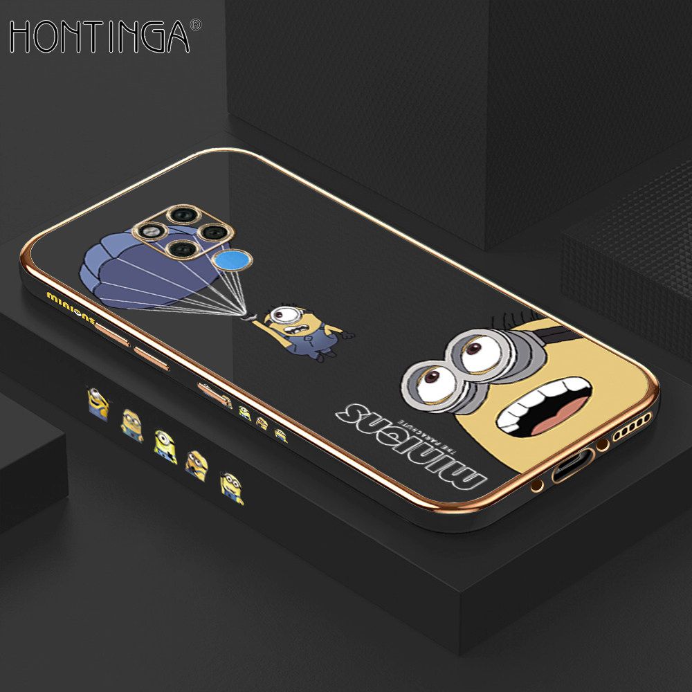 Hontinga for Huawei Mate 20 X Back Cover + Free Lanyard Luxury 6D Plating Yellow Cartoon Character Pattern Case Soft Silicone Square Phone Cases