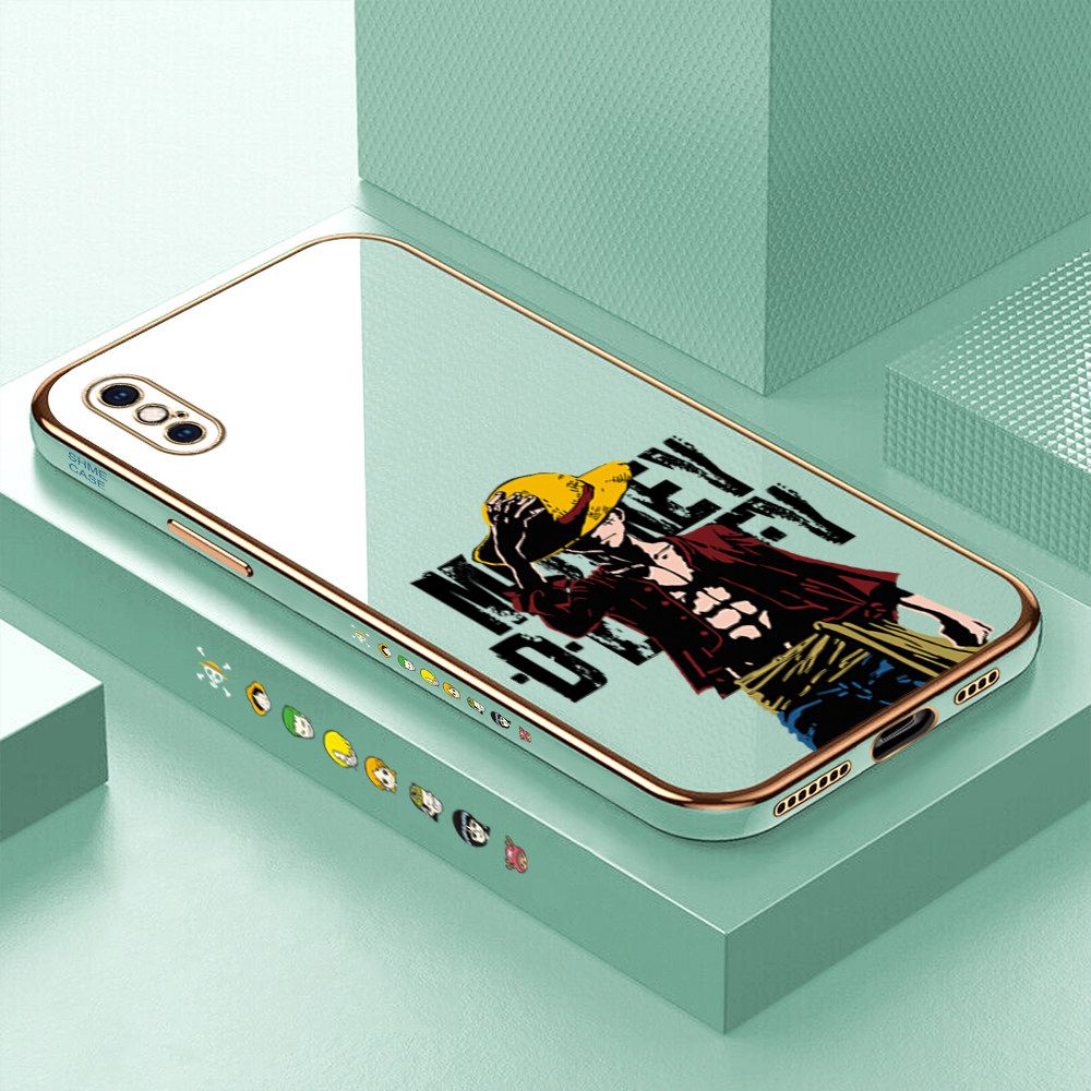 Luxury 6D Plating Case for iPhone XS MAX Anime Cartoon Cool Luffy Side Pattern Back Cover Soft Silicone Square Frame Shiny Bling Phone Cases + Free Lanyard