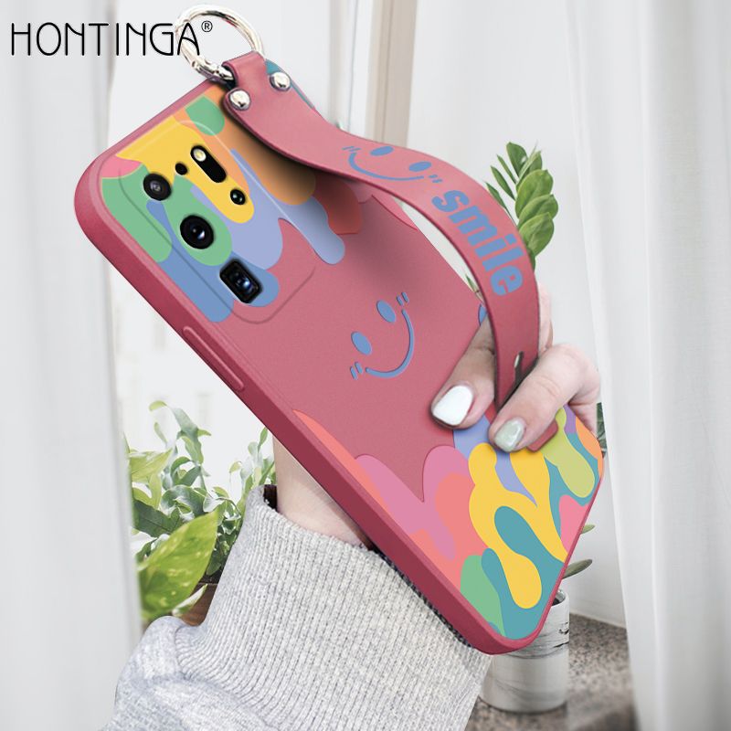 Hontinga for Samsung Galaxy S20 Ultra Wrist Strap Case Soft Candy Color Splash Ink Cover Trend Square Printed Pattern Liquid Silicone Phone Case
