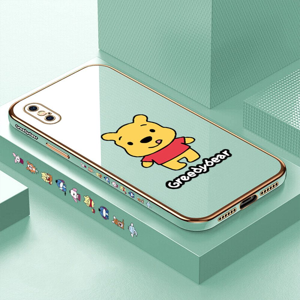 Luxury 6D Plating Case for iPhone XS Squirming Little Sweet Bear Side Pattern Back Cover Soft Silicone Square Frame Shiny Bling Phone Cases + Free Lanyard