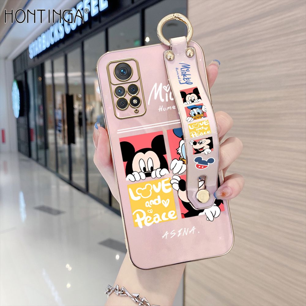 Hontinga for Redmi Note 11 Pro 5G / 4G Back Cover With Wristband Luxury 6D Plating Cartoon Case Soft Silicone Square Phone Cases