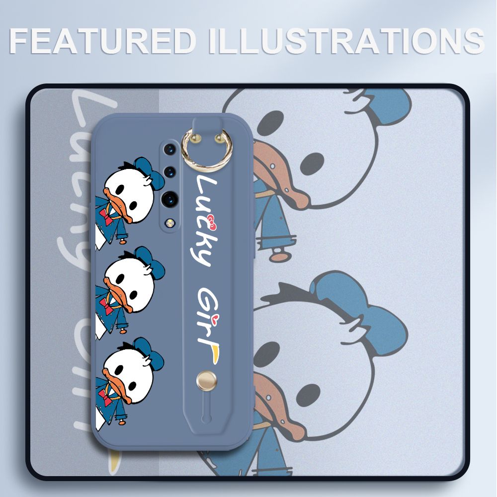 UCUC for OnePlus 7 Pro Wrist Strap Case Creative Cartoon Three Ducks Cover Ultra Thin Anti Fall Liquid Silicone Phone Case