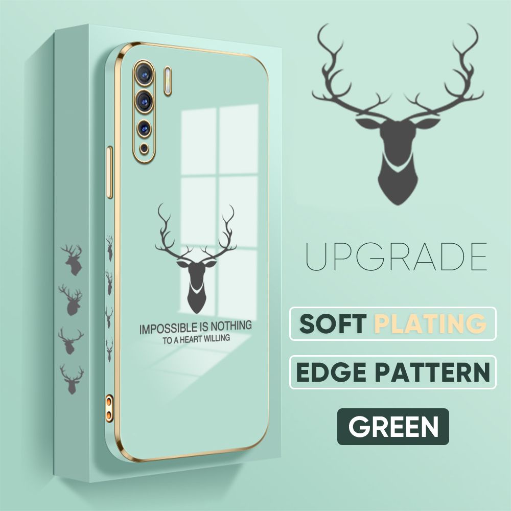 Jizetin (Free Lanyard) OPPO Reno3 Back Cover Antlers Luxury 6D Plating Case Side Pattern Soft Silicone Square Phone Cases