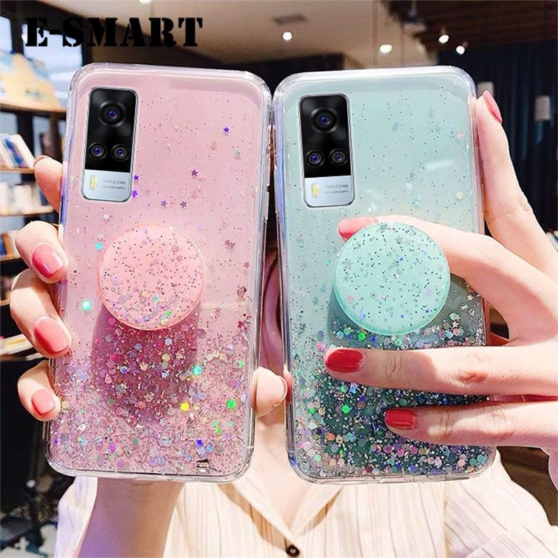 Phone case Vivo Y31 Back cover Shiny Ring Glitter Soft Transparent Holder Stand Back cover with String Glitter Space Stars Moon Vivo Y31 case