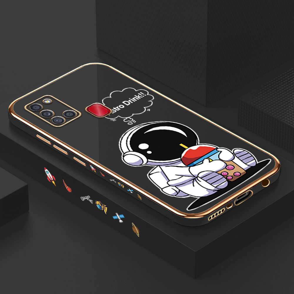 Luxury 6D Plating Case for Samsung A21S Cute Cartoon Happy Astronaut Side Pattern Back Cover Soft Silicone Square Phone Cases + Free Lanyard