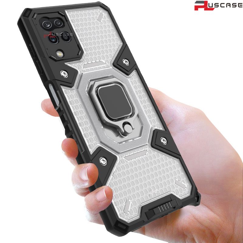 PlusCase for Samsung Galaxy M12 Transparent Back Metal Ring Stand Case Shockproof Armor Cover with Lanyard