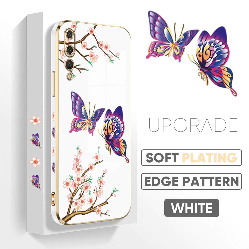 Jizetin (Free Lanyard) Huawei P20 Pro Back Cover Peach Blossom and Butterfly Luxury 6D Plating Case Side Pattern Soft Silicone Square Mobile Phone Cases