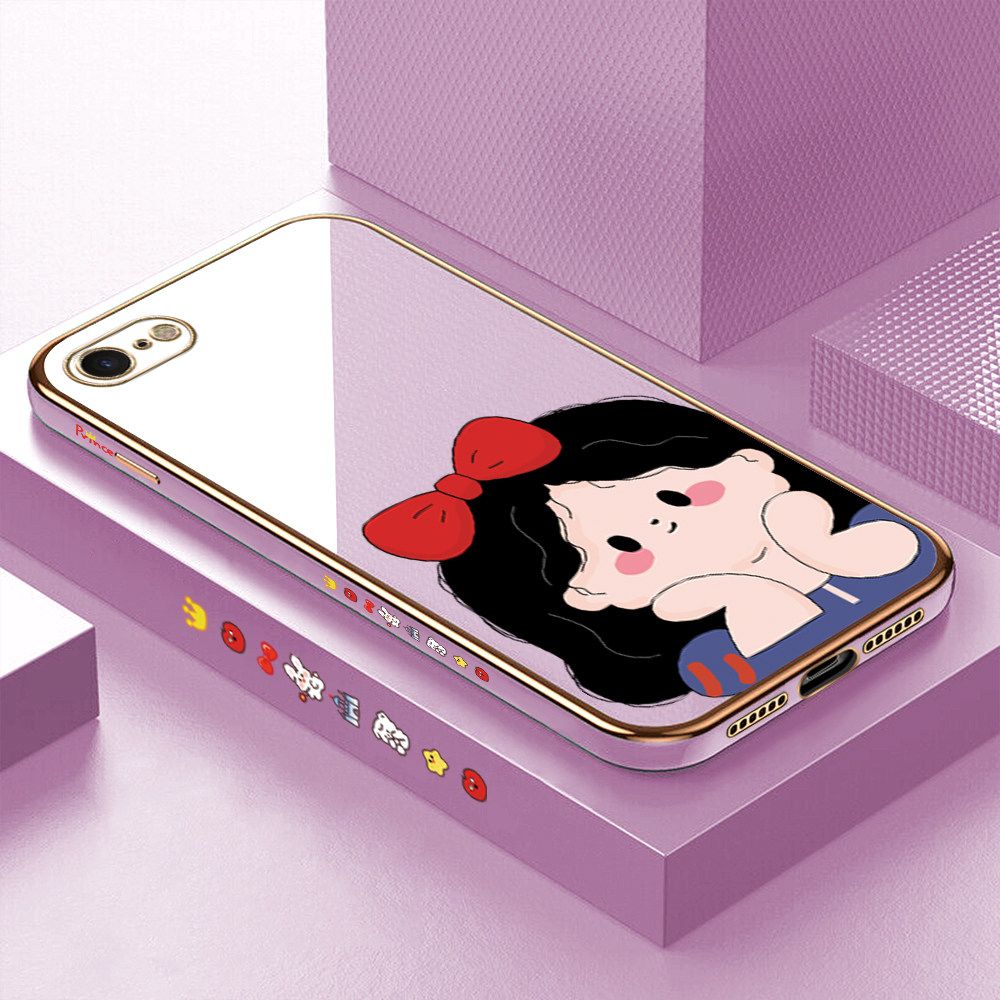 Luxury 6D Plating Soft Casing Silicone Square Frame Phone Case For iPhone 7 Case Shiny Bling Back Cover Cartoon Cute Bow Girl Square Edge Pattern Design Soft Case + Free Lanyard