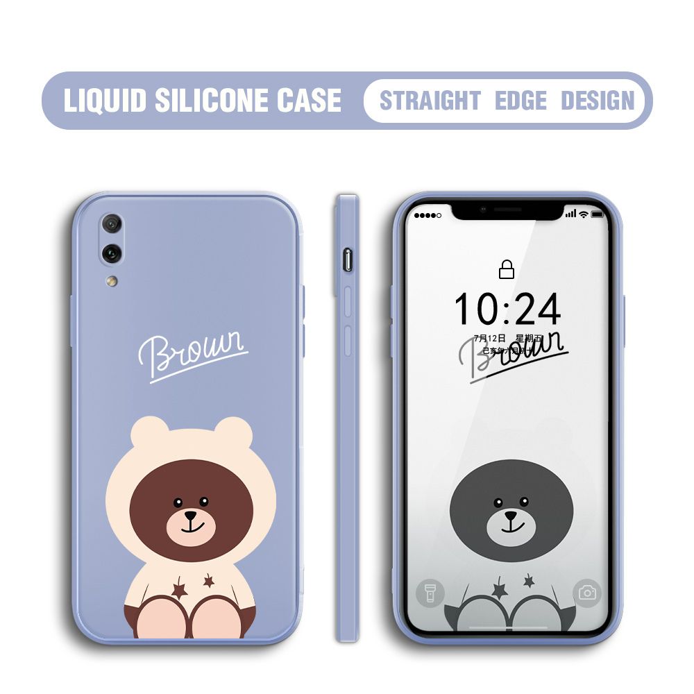 BILI for Huawei Y7 Pro 2019 Back Cover Brown Bear Multicolor Liquid Silicone Phone Case Soft Square Lens Protection Phone Cases