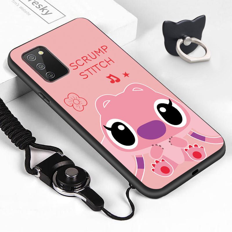 Cellphone Case For Samsung Galaxy A02s Lovers Stitch Angel Case Girls Boys Sweetheart SoftCase 626 Shockproof Soft TPU Silicone Phone Casing Back Cover (Finger Ring + Lanyard)