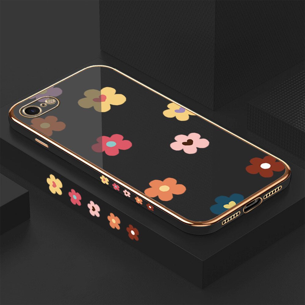 Luxury 6D Plating Case for iPhone 8 Color Cartoon Flowers Side Pattern Back Cover Soft Silicone Square Frame Shiny Bling Phone Cases + Free Lanyard