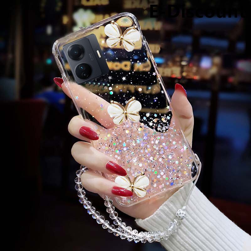 For VIVO T1 5G Shiny Ring Case Glitter Soft Transparent Butterfly Cases for VIVO T1 5G Back Cover + Free Crystal Chain