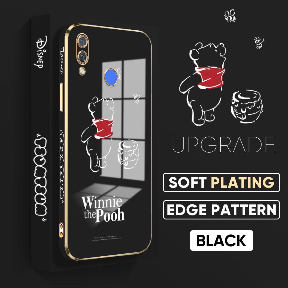 Jizetin (Free Lanyard) Huawei Nova 3 Back Cover Honeypot Pooh Luxury 6D Plating Case Side Pattern Soft Silicone Square Mobile Phone Cases