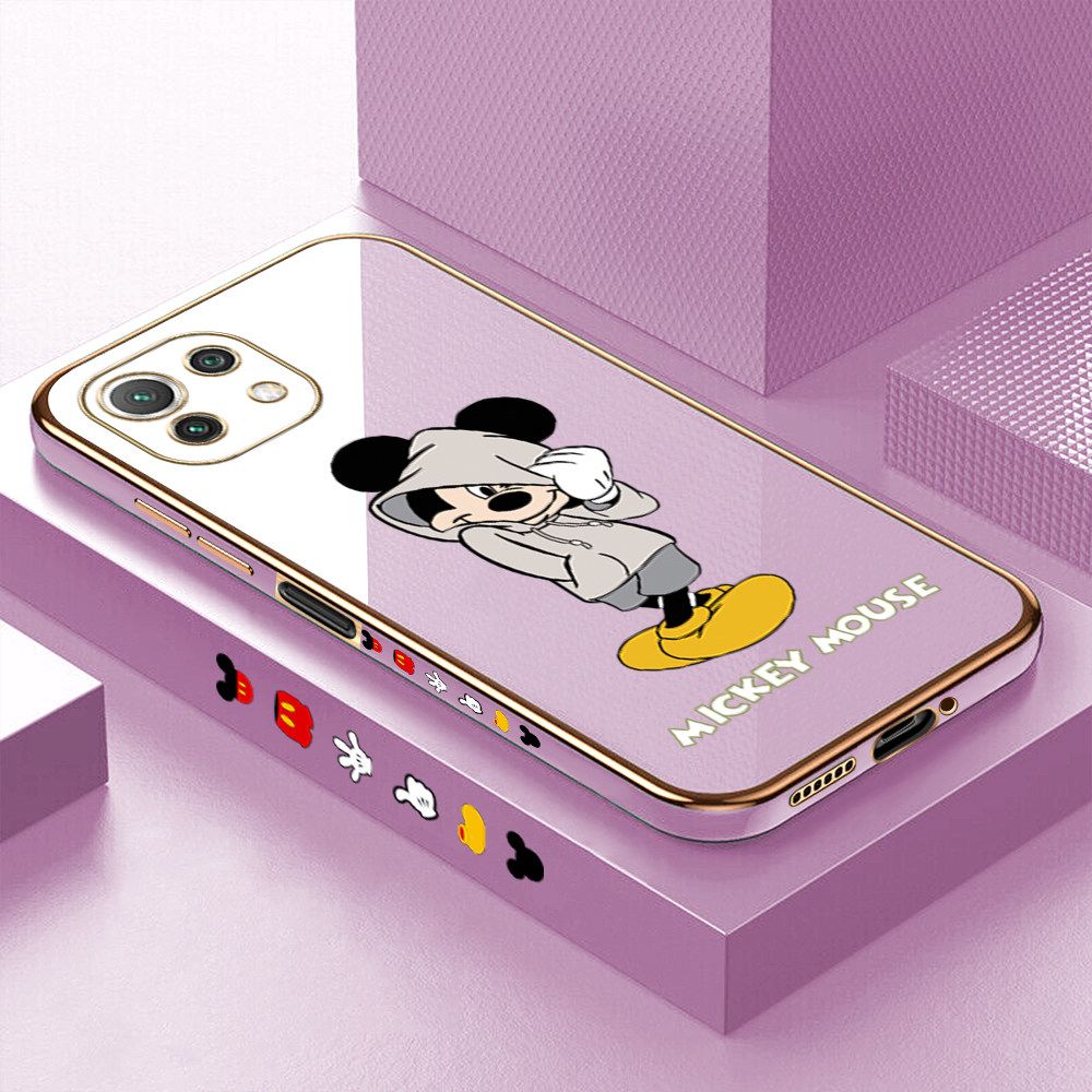 Luxury 6D Plating Case for Xiaomi 11 Lite 5G NE Cartoon Cool Mouse Side Pattern Back Cover Soft Silicone Square Frame Shiny Bling Phone Cases + Free Lanyard