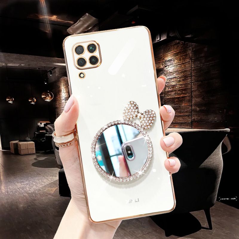 For Huawei Nova 7i Back Cover + Bowknot Makeup Mirror Fashion Shiny Plating Square Bumper Bling Girls Phone Case Soft TPU Silicone Shockproof Back Cover
