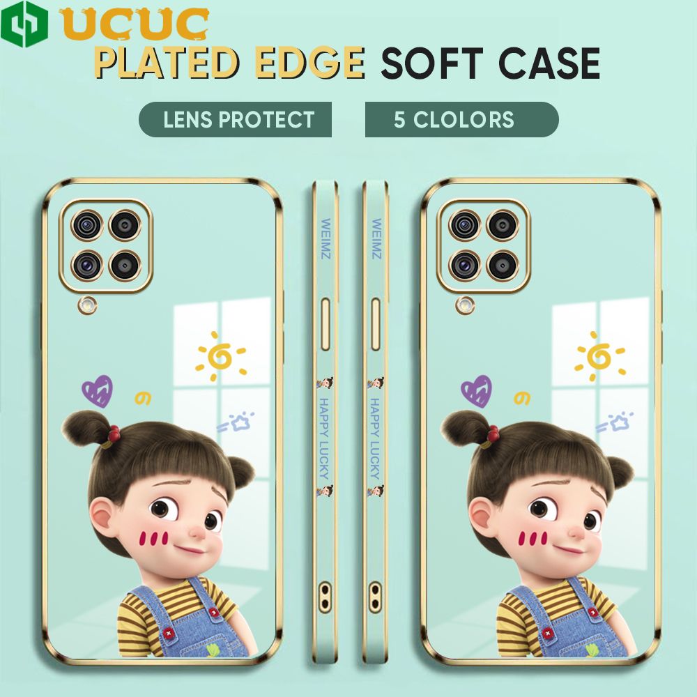 UCUC for Samsung Galaxy M62 F62 Back Cover + Free Lanyard Lovely Girl Luxury 6D Plating Case Side Pattern Soft Silicone Square Phone Cases