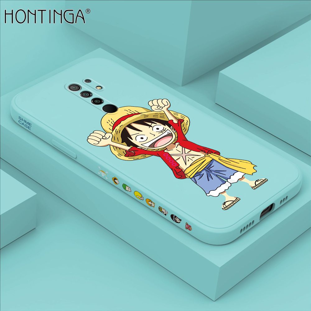 Hontinga for Redmi 9 Case Side Design Anime Cartoon Luffy Back Cover Soft Square Edge Pattern Liquid Silicone Trend Phone Cases