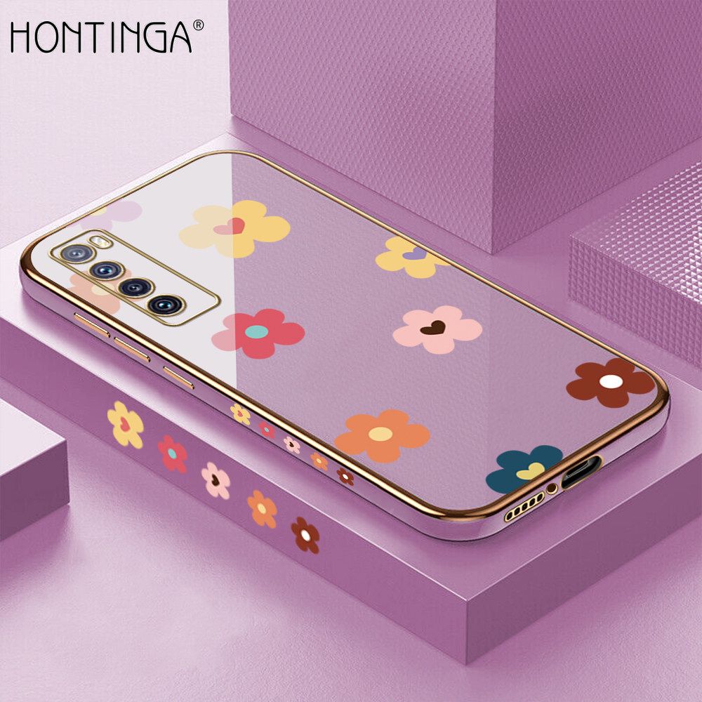 Hontinga for Huawei Nova 7 Back Cover + Free Lanyard Luxury 6D Plating Falling Flower Side Pattern Case Soft Silicone Square Mobile Cover