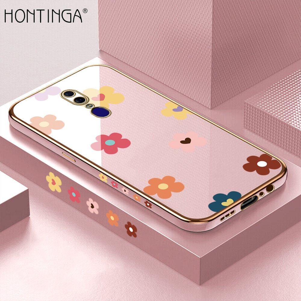 Hontinga for OPPO F11 Back Cover + Free Lanyard Luxury 6D Plating Falling Flower Side Pattern Case Soft Silicone Square Mobile Cover