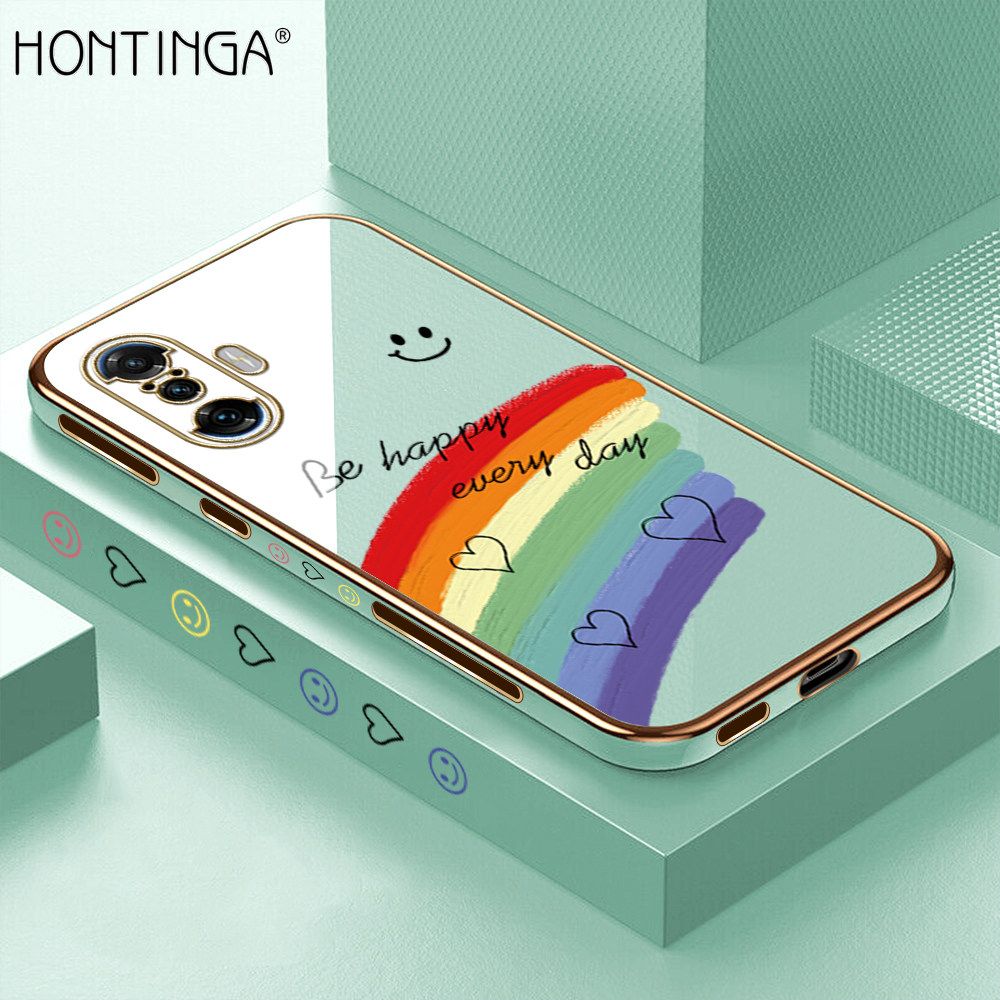 Hontinga for Redmi K40 Gaming Back Cover + Free Lanyard Luxury 6D Plating Cartoon Rainbow Side Pattern Caese Soft Silicone Square Phone Cases