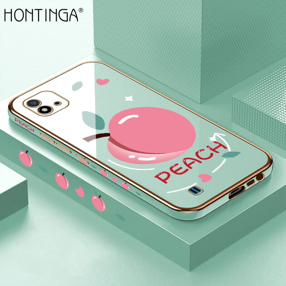 Hontinga for Realme C20 / C20A / C11 2021 Back Cover + Free Lanyard Luxury 6D Plating Cartoon Simple Peach Side Pattern Case Soft Silicone Square Mobile Cover