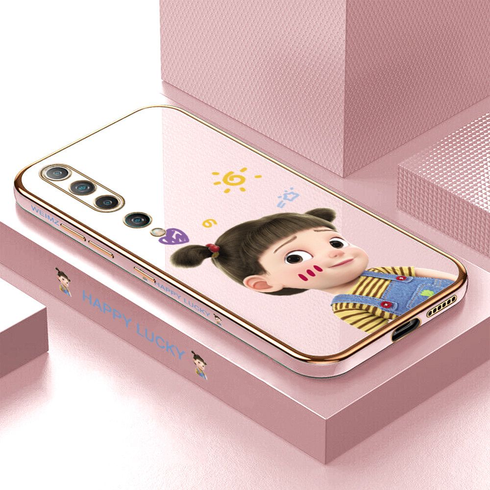 ZeroQiQi for Xiaomi 10 Back Cover Cute Girl Luxury 6D Plating Case Side Pattern Soft Silicone Square Mobile Phone Cases + Free Lanyard