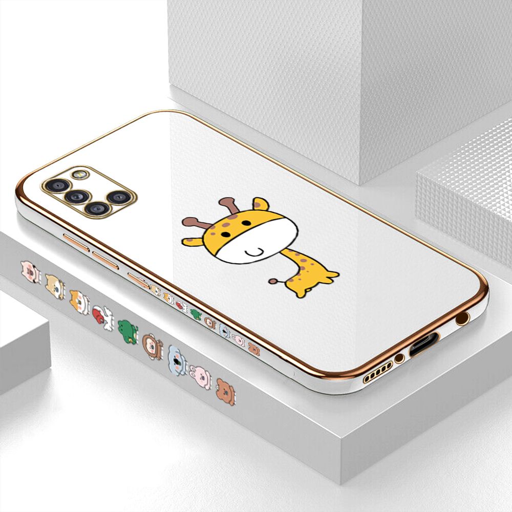 Luxury 6D Plating Case for Samsung A31 Cute Giraffe Side Pattern Back Cover Soft Silicone Square Phone Cases + Free Lanyard