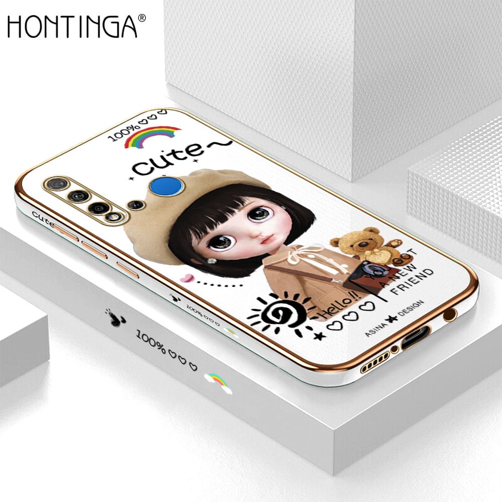 Hontinga for Huawei Nova 5i / P20 Lite 2019 Back Cover + Free Lanyard Luxury 6D Plating Cute Satchel Girl Side Pattern Case Soft Silicone Square Mobile Cover