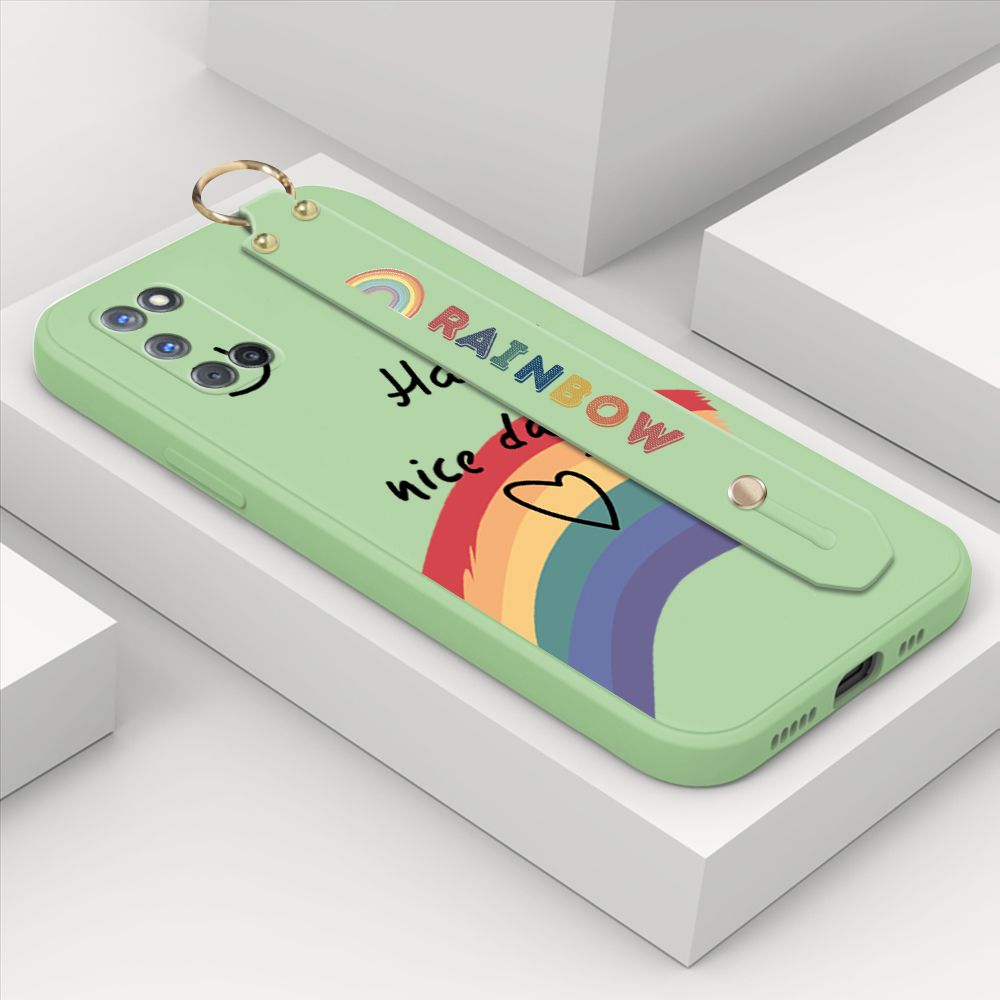 ZeroQiQi for OPPO A92 Wrist Strap Case Lovely Graffiti Rainbow Smile Thin Phone Cover Square Edge Liquid Silicone Creativity Phone Case