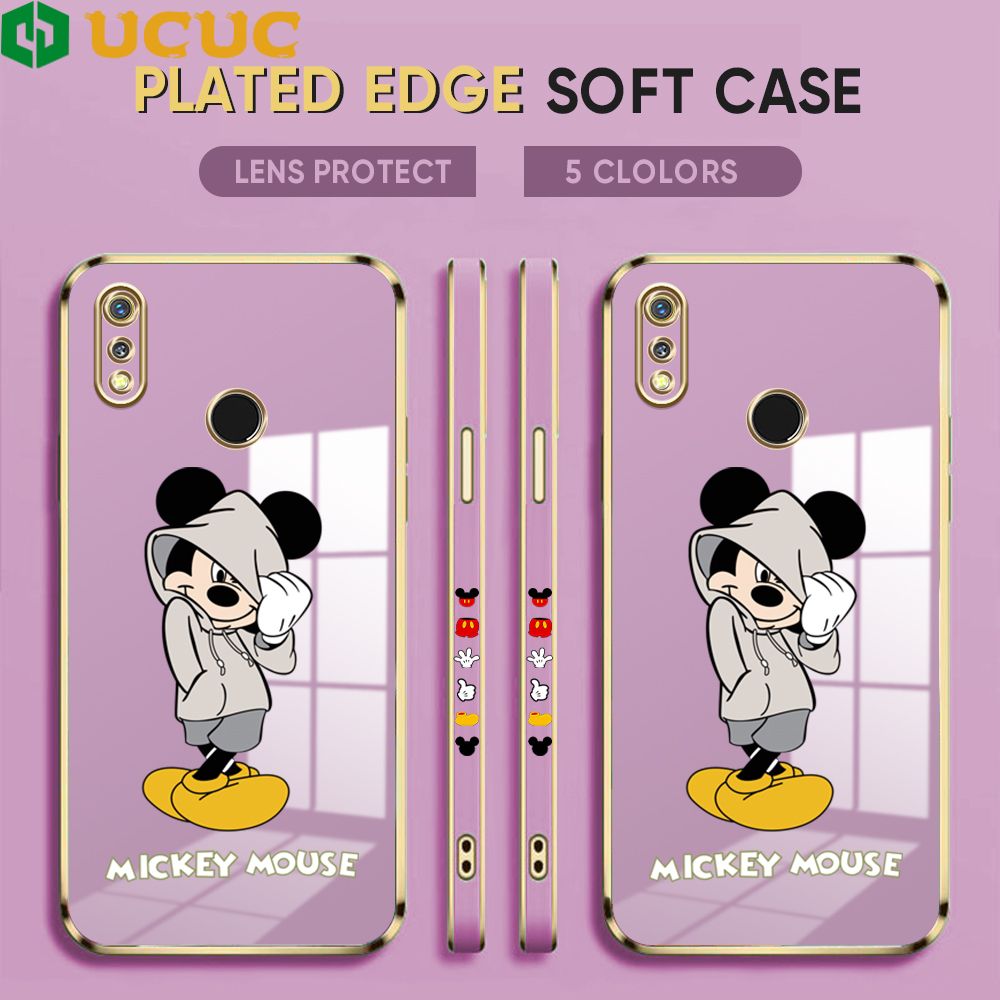 UCUC for Realme 3 Back Cover + Free Lanyard Hoodie Mouse Luxury 6D Plating Case Side Pattern Soft Silicone Square Phone Cases