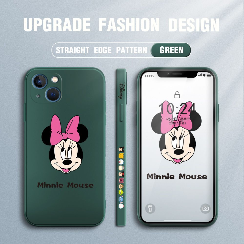 Jizetin for iPhone 13 Mini Case Minnie Mickey Mouse Design Side Design Phone Case Square Edge Pattern Liquid Silicone Cases Full Cover Camera Shockproof Protective Case