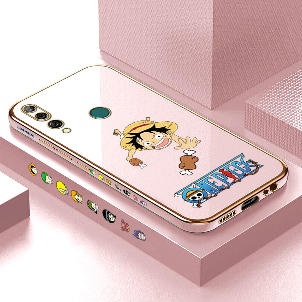 Luxury 6D Plating Case for Huawei Y9 Prime 2019 Gluttonous Cartoon Luffy Side Pattern Back Cover Soft Silicone Square Frame Shiny Bling Phone Cases + Free Lanyard