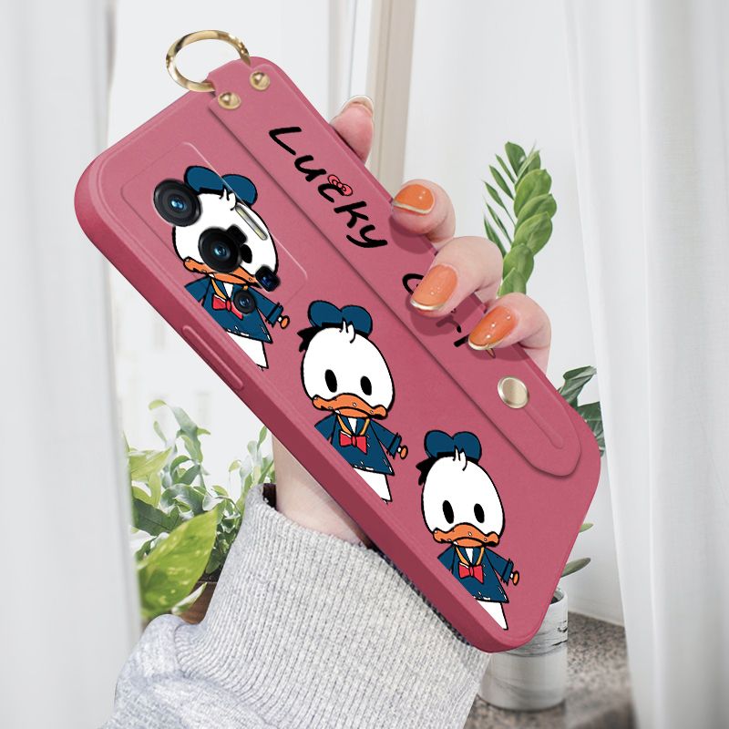 ZeroQiQi for Vivo X70 Pro 5G Wrist Strap Case Cute Cartoon Little Duck Phone Case Square Edge Liquid Silicone Case Full Cover Camera Shockproof Protective Cases