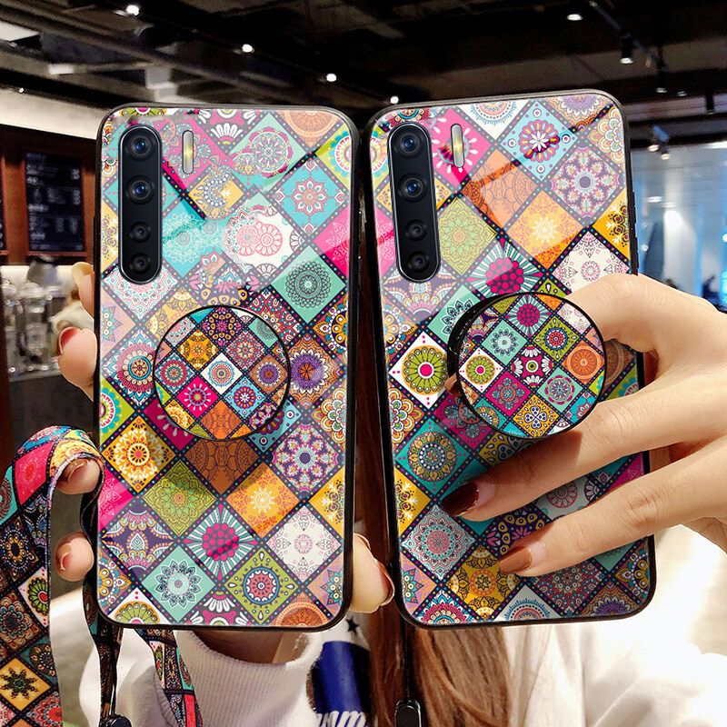 Phone case OPPO Reno 3 case Shiny Gold Foil Phone Soft with Bracket Lanyard Patterned Glass Shell For OPPO Reno3 Protective Back Cover