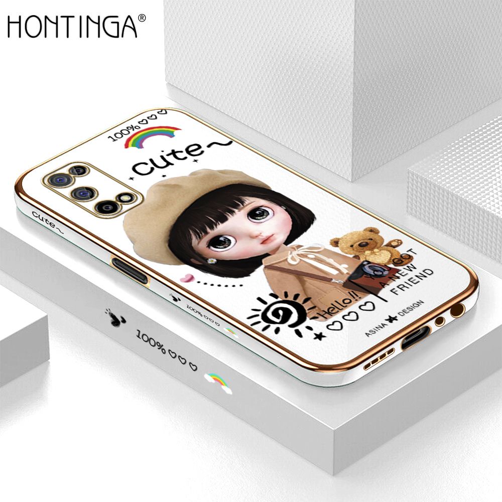 Hontinga for Realme 7 5G Back Cover + Free Lanyard Luxury 6D Plating Cute Satchel Girl Side Pattern Case Soft Silicone Square Mobile Cover