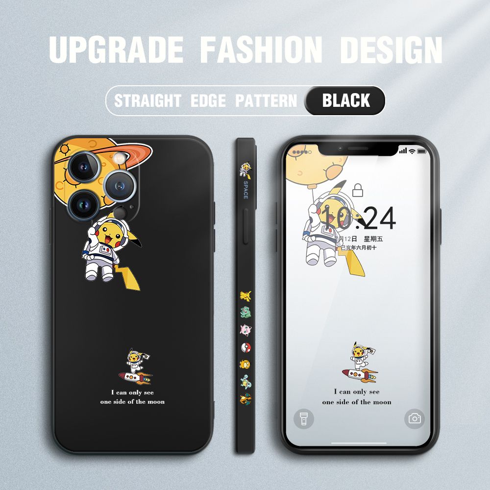 Jizetin for iPhone 13 Pro Case Side Design Phone Cover Cute Astronaut Pikachu Cover Square Edge Pattern Liquid Silicone Trend Case