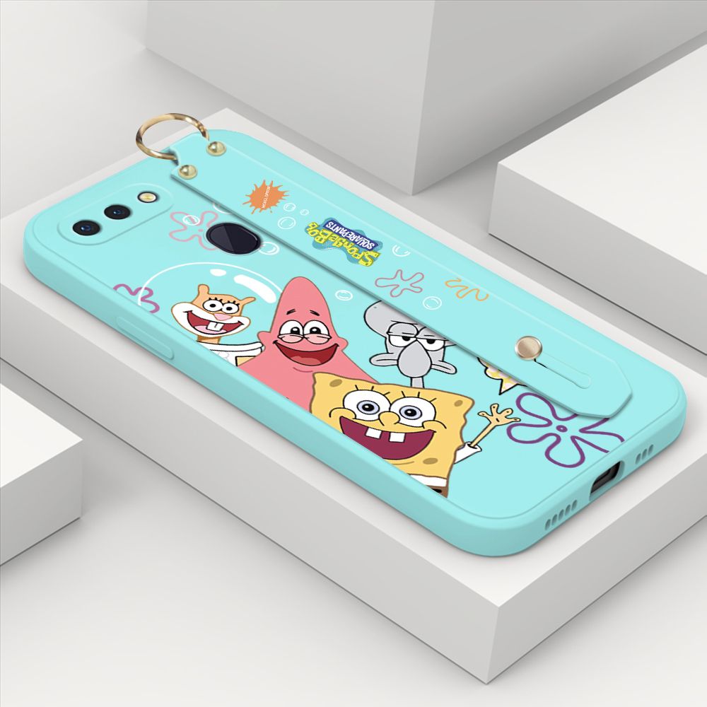 ZeroQiQi for OPPO R15 Wrist Strap Case Cute Cute Funny Cartoon Sponge for Square Pants Cover Square Edge Liquid Silicone Anti-drop Phone Case