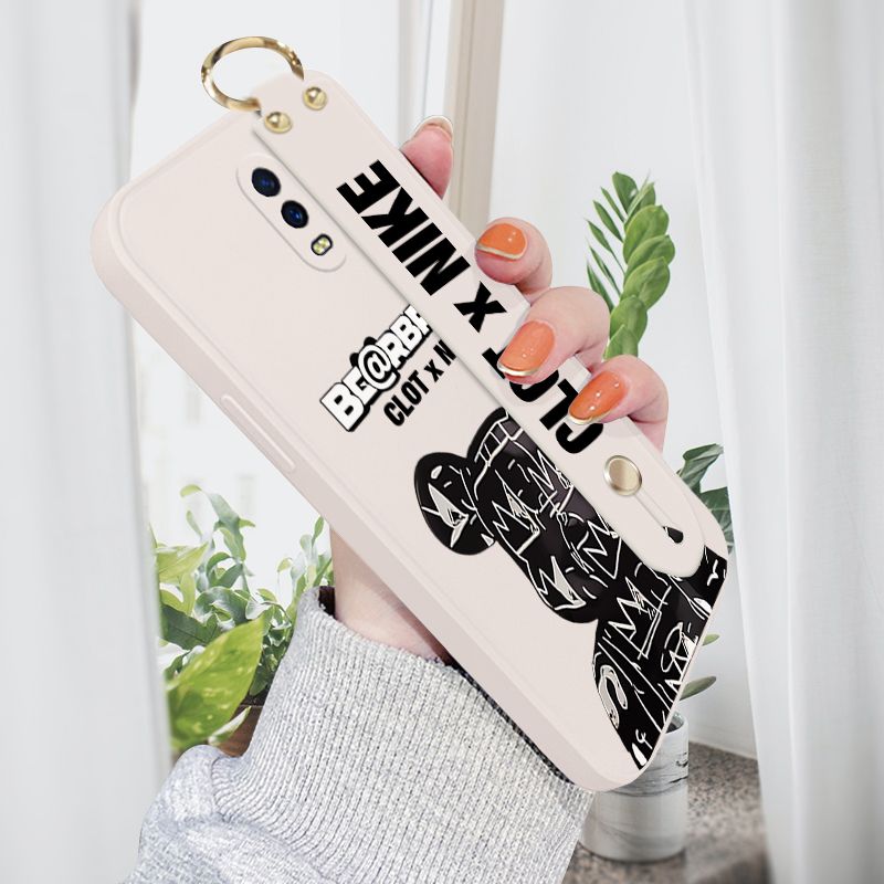 Jizetin for OPPO R17 Wrist Strap Case Creative Cartoon Black Stitching Bear Cover Ultra Thin Anti Fall Liquid Silicone Phone Case