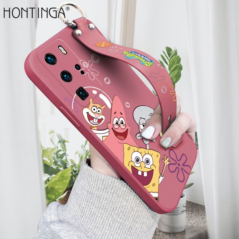 Hontinga for Huawei P40 Pro Wrist Strap Case Cute Cute Funny Cartoon Sponge for Square Pants Cover Square Edge Liquid Silicone Anti-drop Phone Case