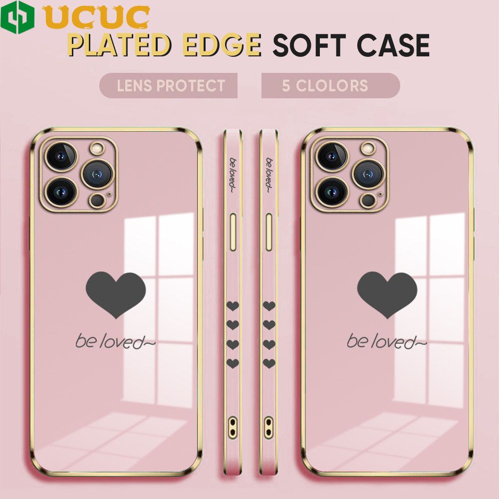 UCUC for iPhone 13 Pro Back Cover + Free Lanyard Lover Heart Luxury 6D Plating Case Side Pattern Soft Silicone Square Phone Cases