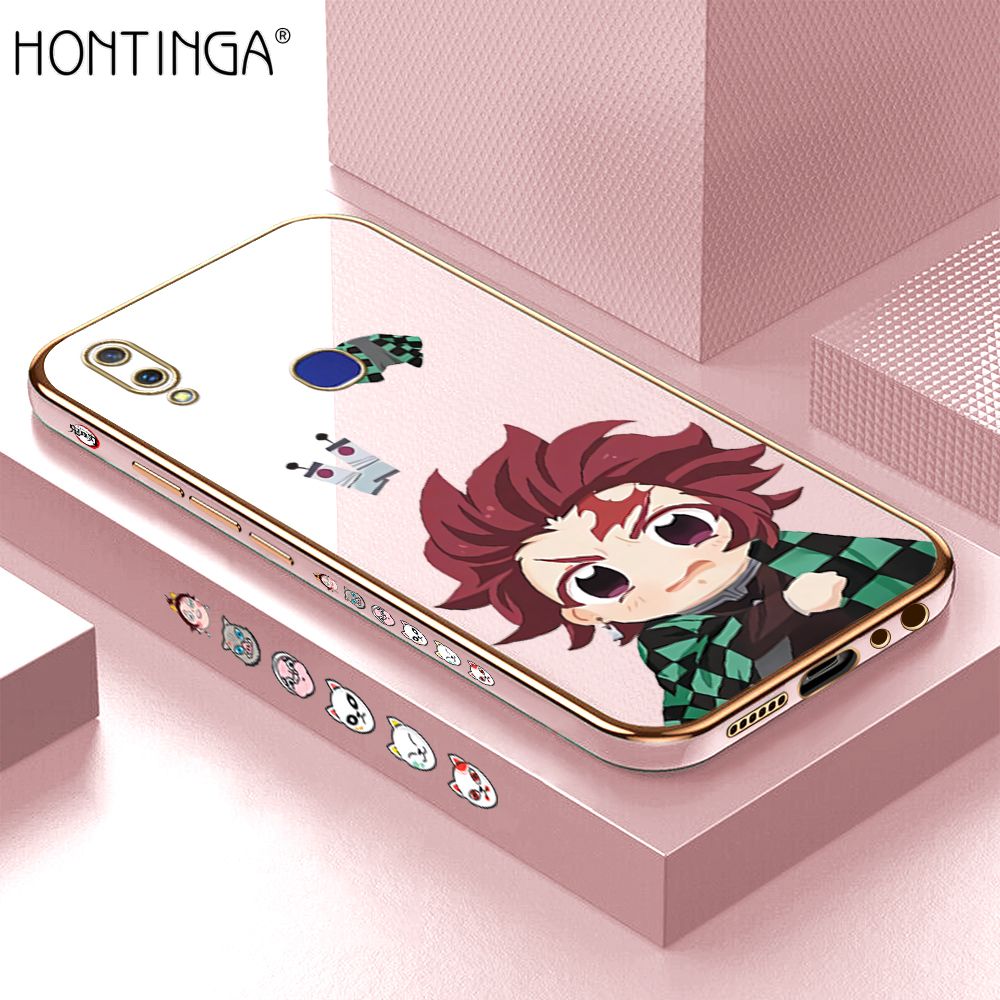Hontinga for Vivo V11I Back Cover + Free Lanyard Luxury 6D Plating Cartoon Anime Tanjirou Side Pattern Case Soft Silicone Square Mobile Cover